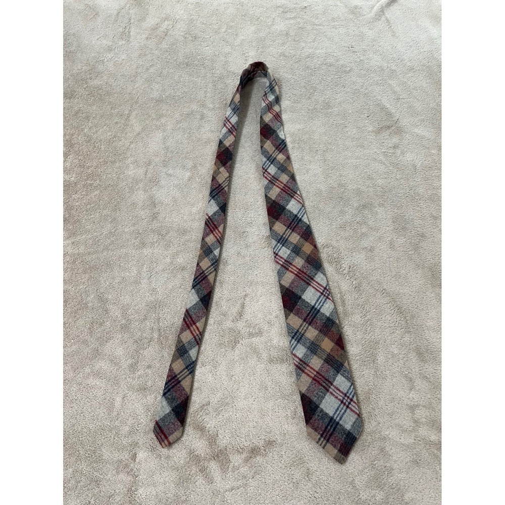 Pendleton Men's Plaid Wool Tie Tan Gray Burgundy 100% Virgin Wool Vtg Style